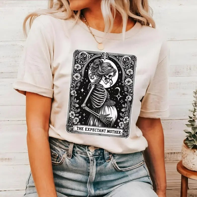 Skeleton Pregnancy Announcement Shirt, Baby Reveal Tarot Card Shirt, Halloween Mama to Be Gift, Skeleton Expectant Future Mom Mother Shirt