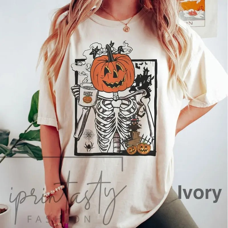 Skeleton Pumpkin Shirt, Halloween Coffee T-Shirt, Womens Fall Fashion shirt, HALLOWEEN Coffee t-shirt Hoodie, Sweatshirt