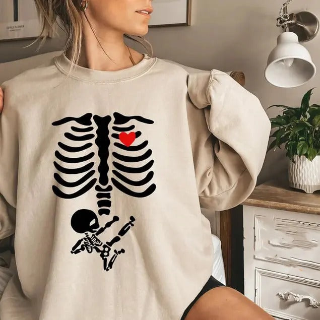 Skeleton Sweatshirt, Halloween Sweatshirt, Christmas Sweatshirt, Skeleton Maternity Shirt, Pregnancy Sweatshirt,...