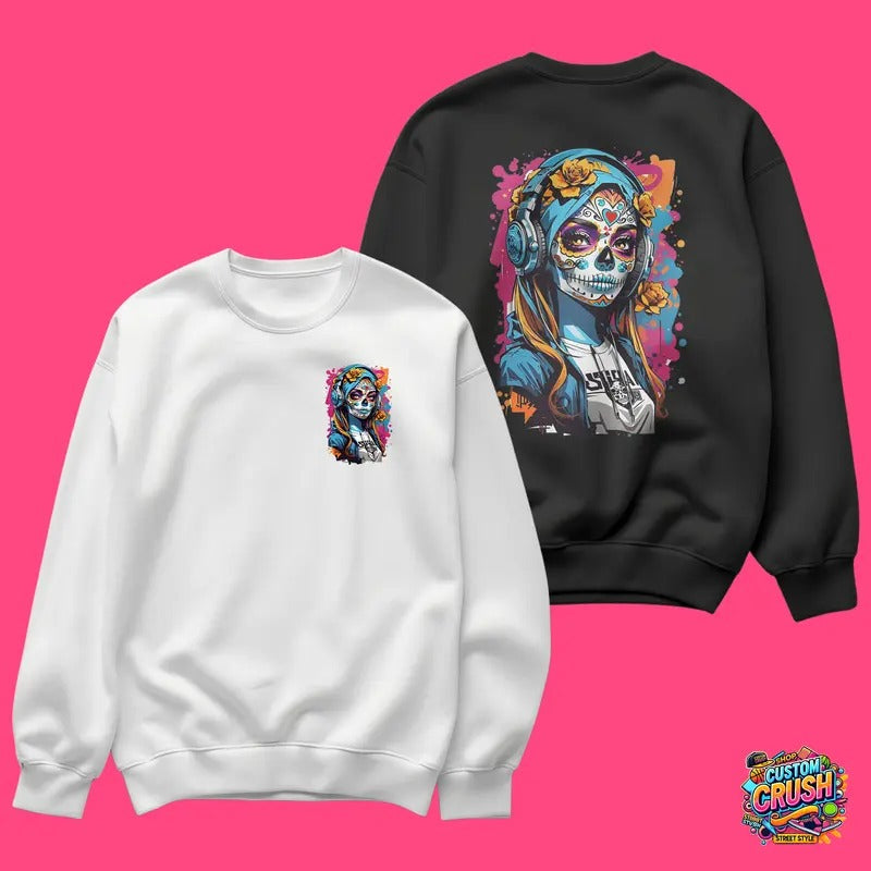 Skull face painting beauty trendy cotton short-sleeved, round neck sweatshirt, hooded sweatshirt, multiple colors, fully...