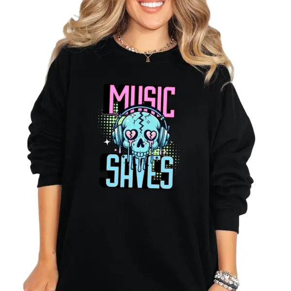 'Music Saves Me' Sweatshirt, T Shirt, or Hoodie | Vintage Grunge Aesthetic Pullover w/Skulls, Retro Vibes | 90's & 80s...