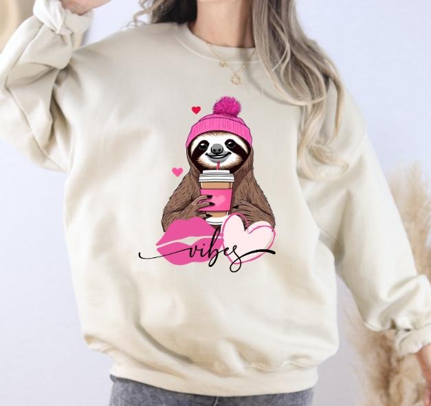 Sloth Vibes Valentines Day Sweatshirt Fabric Fleece-Lined Comfortable Sweater T-Shirts, Hoodie | HypeDripTees.com