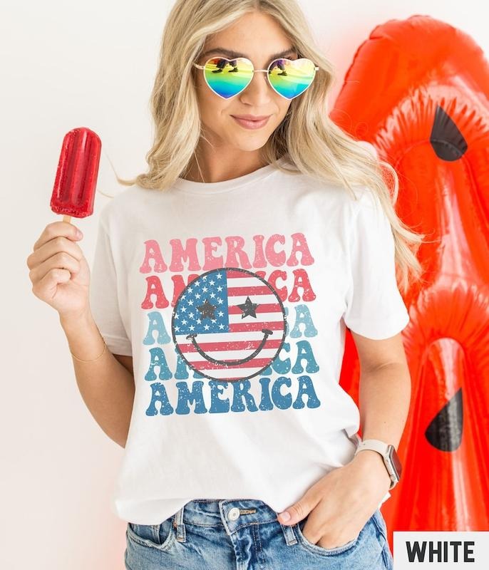 Smiley Face Shirt, 4th Of July Shirt, Retro Smile Face Trendy Vintage Graphic Tee Cute Summer Fourth T-shirt Plus Size...