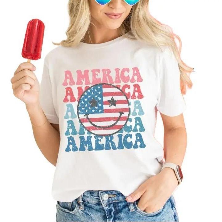 Smiley Face Shirt, 4th Of July Shirt, Retro Smile Face Vintage Graphic Tee Cute Summer Fourth T-shirt Plus Size USA Happy...