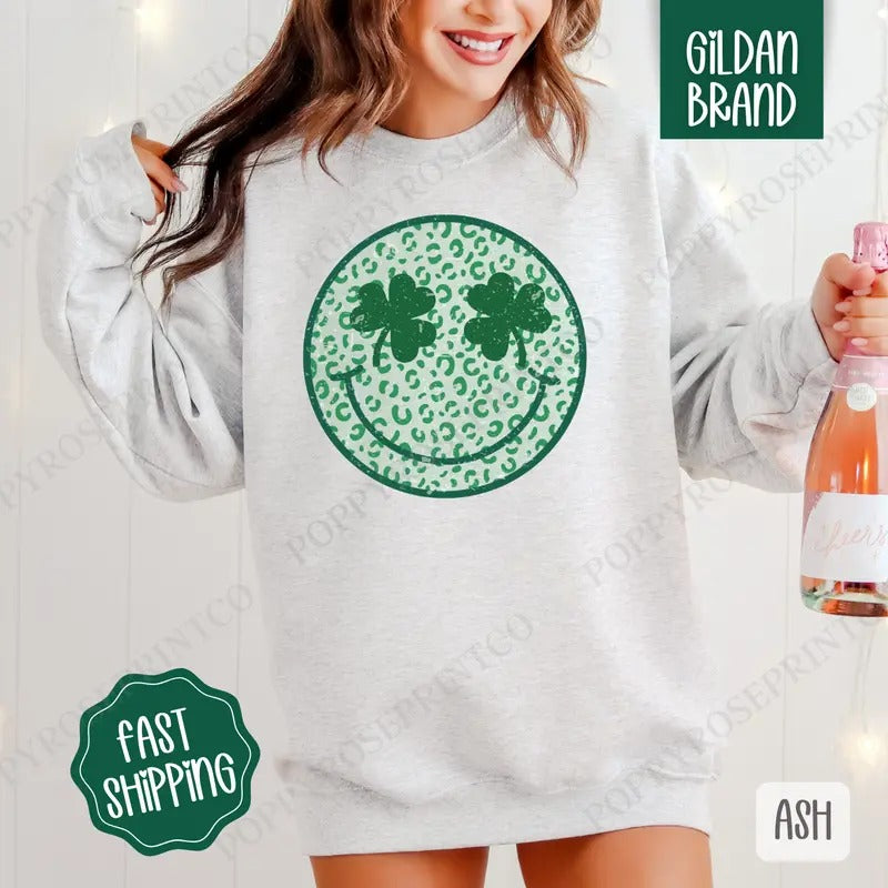 Smiley Face St Patrick Sweatshirt, St Patrick's Day Crewneck, Cute Women's Sweater T-Shirts, Hoodie | HypeDripTees.com