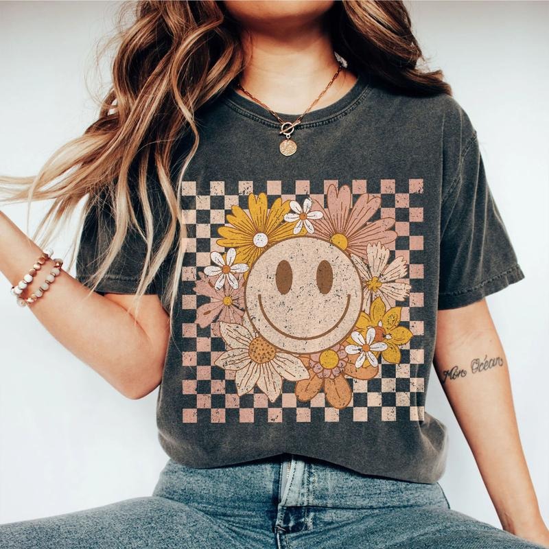 Smiling Face Shirt, Wild Flower Shirt, Wildflower T-shirt, Flower Shirt, Retro Smile Face with Flower, Smile TShirt,...