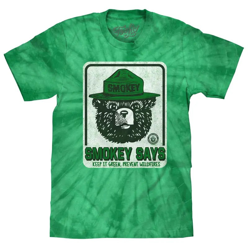 Smokey Bear Keep it Green, Prevent Wildfires Tie Dye T-Shirt - Kelly Green Tie Dye Hoodie, Sweatshirt | HypeDripTees.com