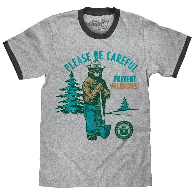 Smokey Bear Please Be Careful Prevent Wildfires Ringer T-Shirt - Gray and Black Hoodie, Sweatshirt | HypeDripTees.com