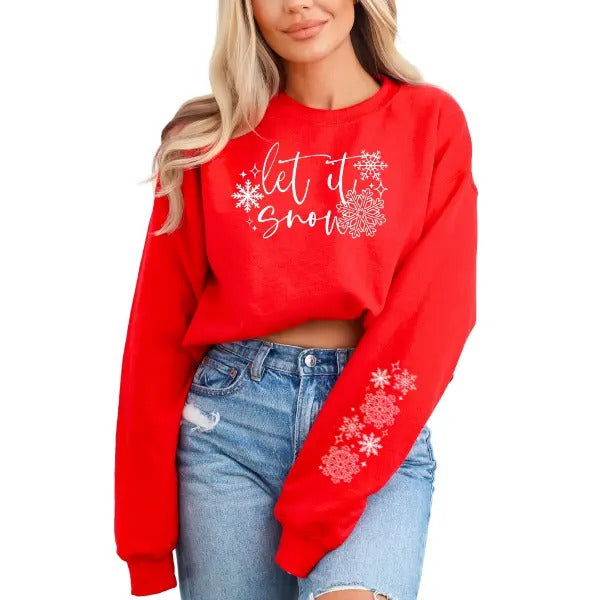 Let It Snow Christmas Sweatshirt W/ Snowflake Design Down Both Sleeves, Traditional Christmas Sweater | Unisex Soft &...
