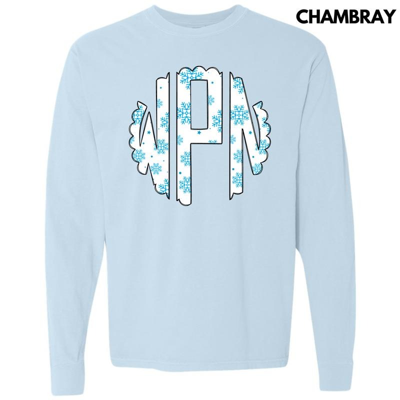 Snowflake Monogram Long Sleeve Comfort Colors T-Shirt 'NLB' Hoodie, Sweatshirt | HypeDripTees.com