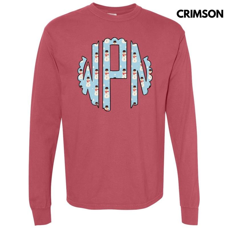 Snowman Monogram Long Sleeve Comfort Colors T-Shirt 'NLB' Hoodie, Sweatshirt | HypeDripTees.com