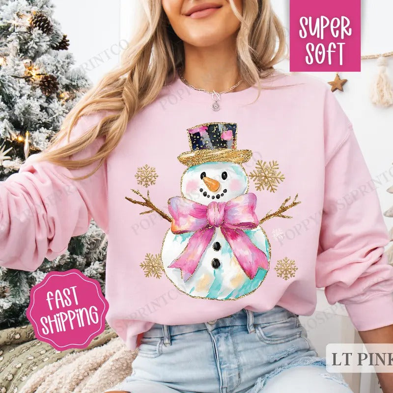Snowman Sweatshirt, Cute Christmas Sweater, Women's Winter Holiday Crewneck T-Shirts, Hoodie | HypeDripTees.com