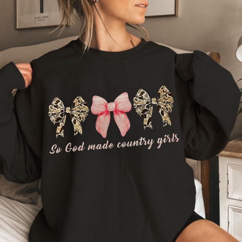 So God Made Country Girls Camo Coquette Bow Tee, Camo Hunting Season Bow Shirt Hoodie, Sweatshirt | HypeDripTees.com