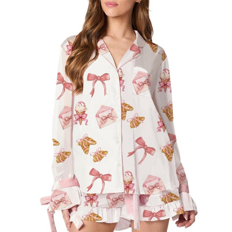 Women 2 Piece Pajamas Set Bow/Lips/Socks Print Button Shirt and Ruffled Shorts for Loungewear Soft Sleepwear Hoodie,...