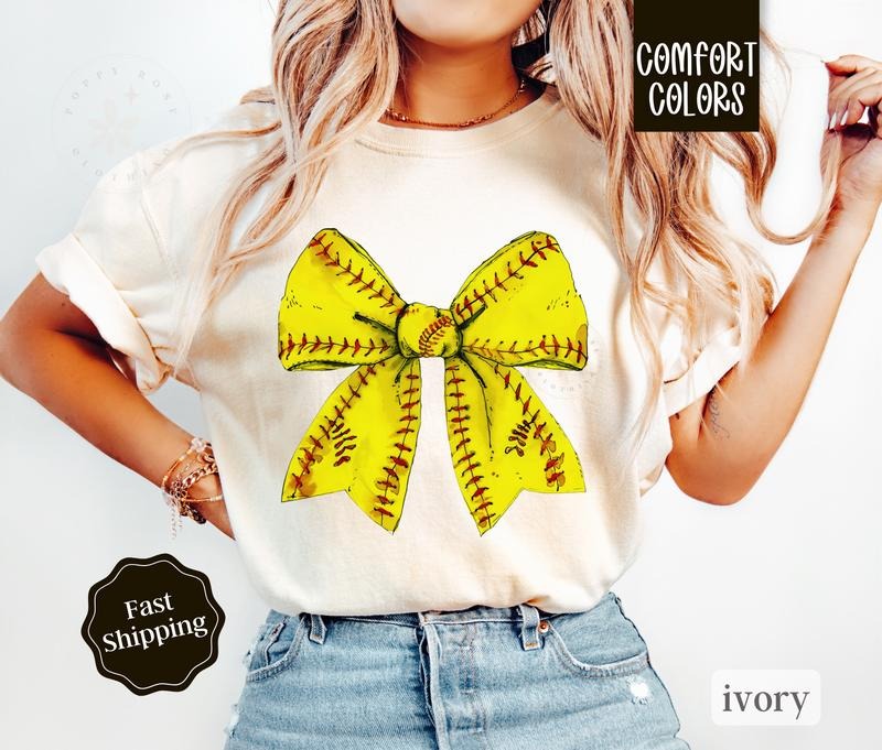 Softball Bow Shirt Comfort Colors, Womens Softball Tee, Womenswear Oversized Crewneck Hoodie, Sweatshirt | HypeDripTees.com