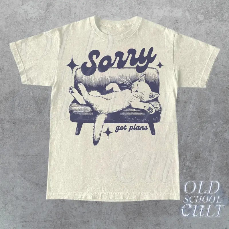 Sorry Got Plans Retro Graphic T-Shirt, Vintage Unisex Adult T Shirt, Vintage Kitten T Shirt, Nostalgia Cat T Shirt, Funny...
