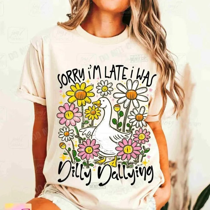 Sorry I'm Late I Was Dilly Dallying Goose T-shirt, Funny Goose Sassy Boho Floral, Funny Sarcastic Retro Aesthetics, Girly...