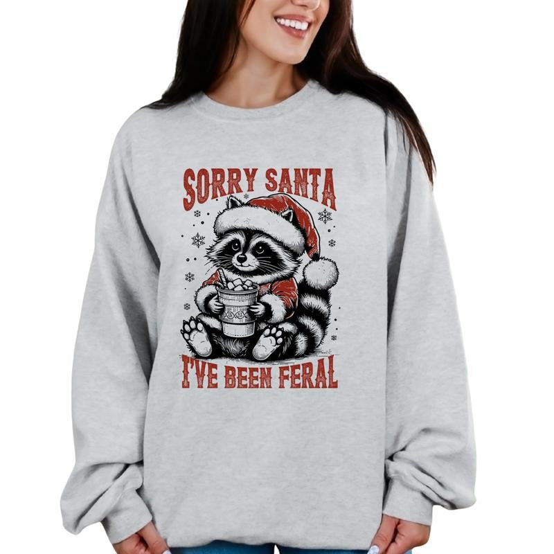 Sorry Santa I've Been Feral  Cotton Casual Crewneck Sweatshirt Hoodie Women's Graphic Top Pullover Streetwear Style...
