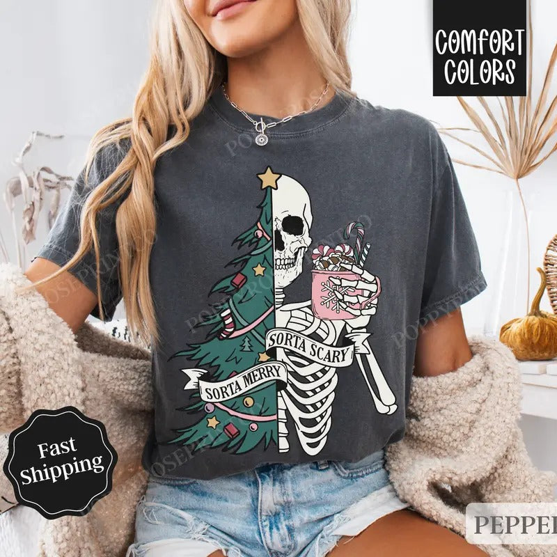 Sorta Merry Sorta Scary Christmas Shirt Comfort Colors Holiday Tshirt,  Women's Holiday Tee Hoodie, Sweatshirt