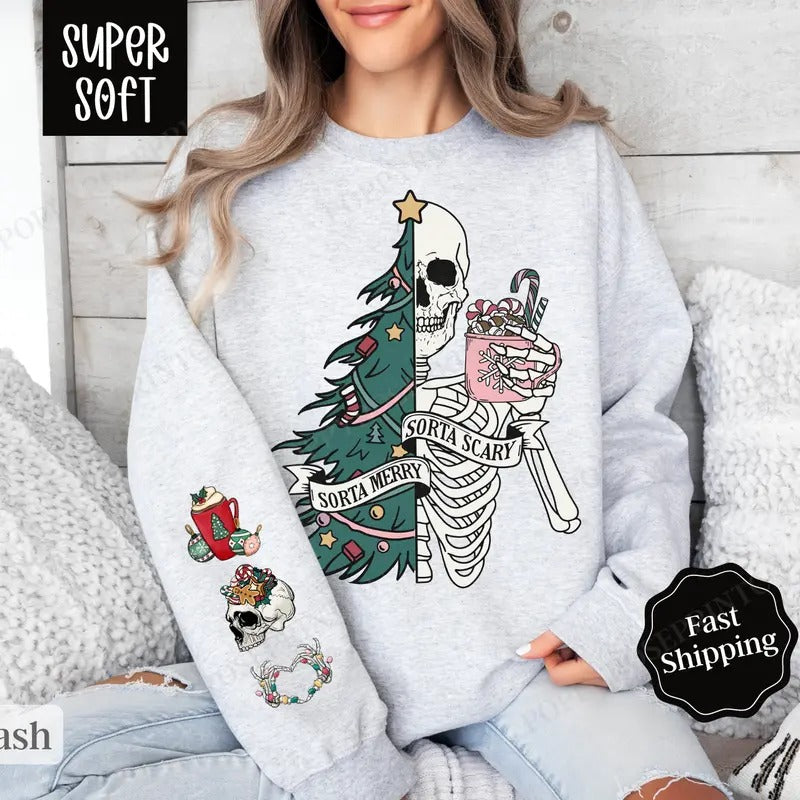 Sorta Merry Sorta Scary Christmas Sweatshirt, Skeleton Xmas Sweater, Holiday Sweatshirt for Women T-Shirts, Hoodie