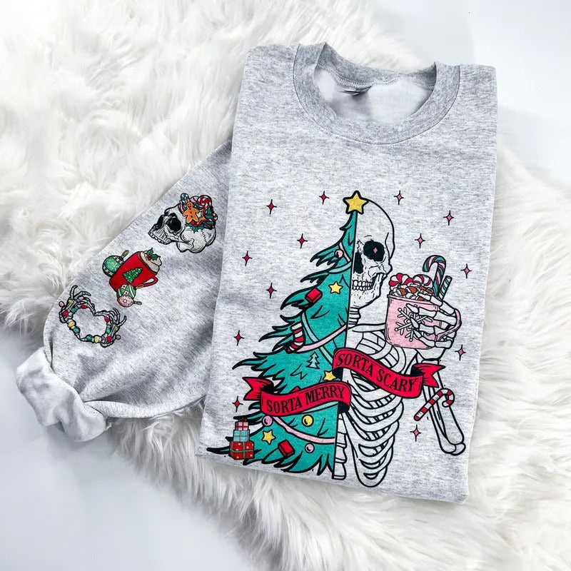 Sorta Merry Sorta Scary Skeleton Christmas Sweatshirt or Hoodie with sleeve print Comfy Sublimation Tops T-Shirts