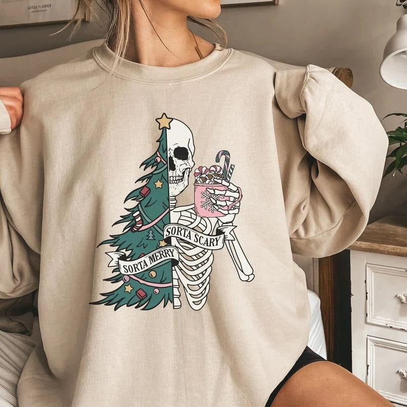 Sorta Merry Sorta Scary Sweatshirt Hoodie, Funny Christmas Hoodie, Christmas Skeleton Hoodie, Cute Christmas Sweater,...