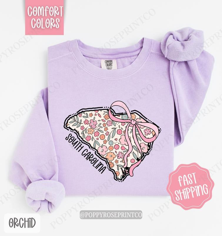 South Carolina Floral Bow Comfort Colors Sweatshirt, Cute Trendy State Coquette Pullover T-Shirts, Hoodie | HypeDripTees.com