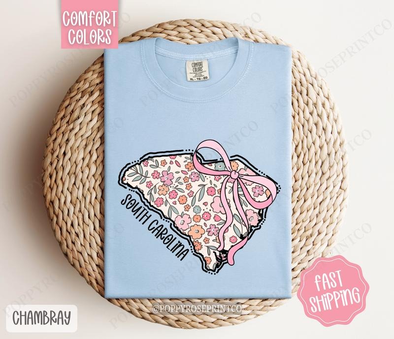 South Carolina Floral Bow Comfort Colors T-shirt, Cute Trendy Tee, State Coquette Oversized Top Hoodie, Sweatshirt