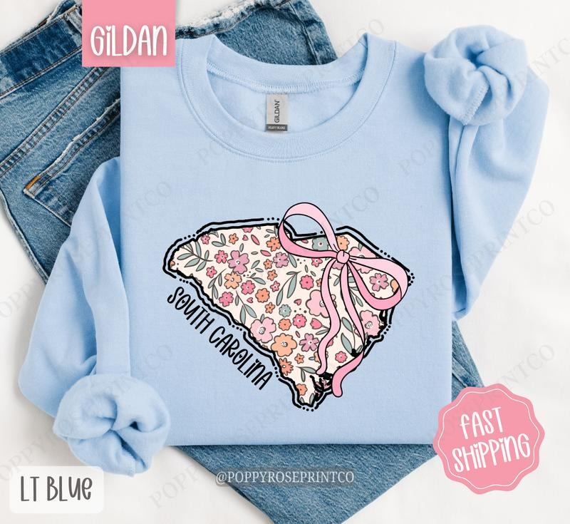 South Carolina Floral Bow Gildan Sweatshirt, Cute Trendy State Coquette Pullover T-Shirts, Hoodie | HypeDripTees.com