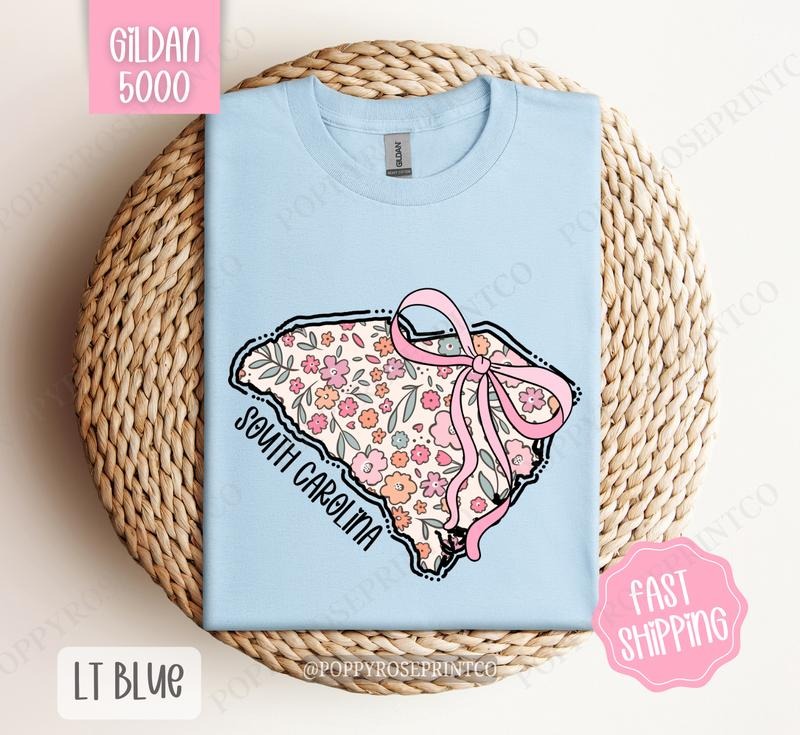 South Carolina Floral Bow Gildan T-shirt, Cute Trendy Tee, State Coquette Oversized Top Hoodie, Sweatshirt | HypeDripTees.com