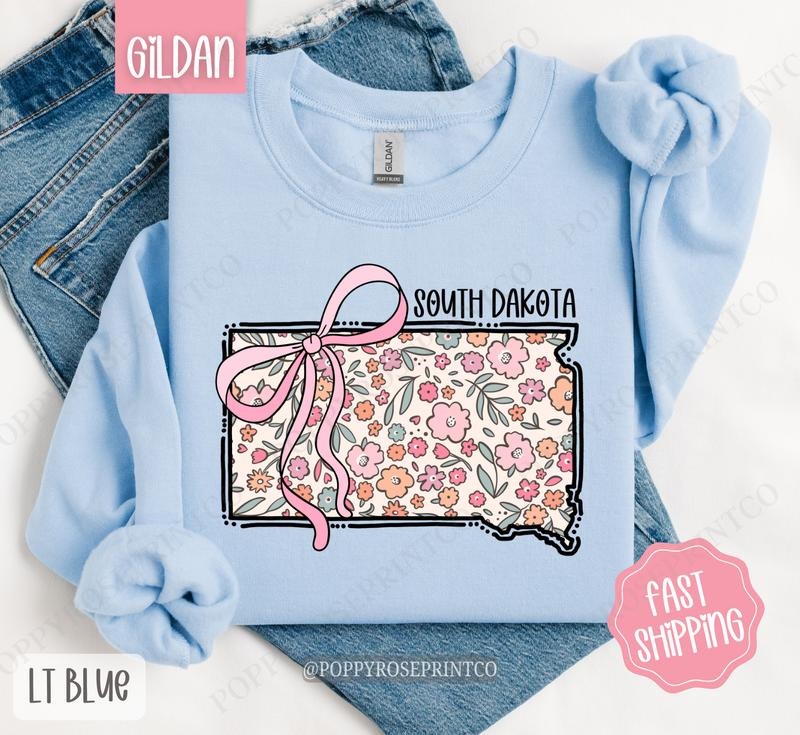 South Dakota Floral Bow Gildan Sweatshirt, Cute Trendy State Coquette Pullover T-Shirts, Hoodie | HypeDripTees.com