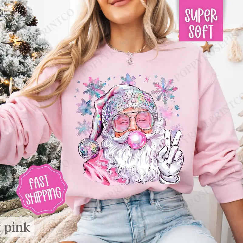 Sparkle Santa Sweatshirt, Preppy Christmas Crewneck,  Womens Holiday Sweater T-Shirts, Hoodie | HypeDripTees.com