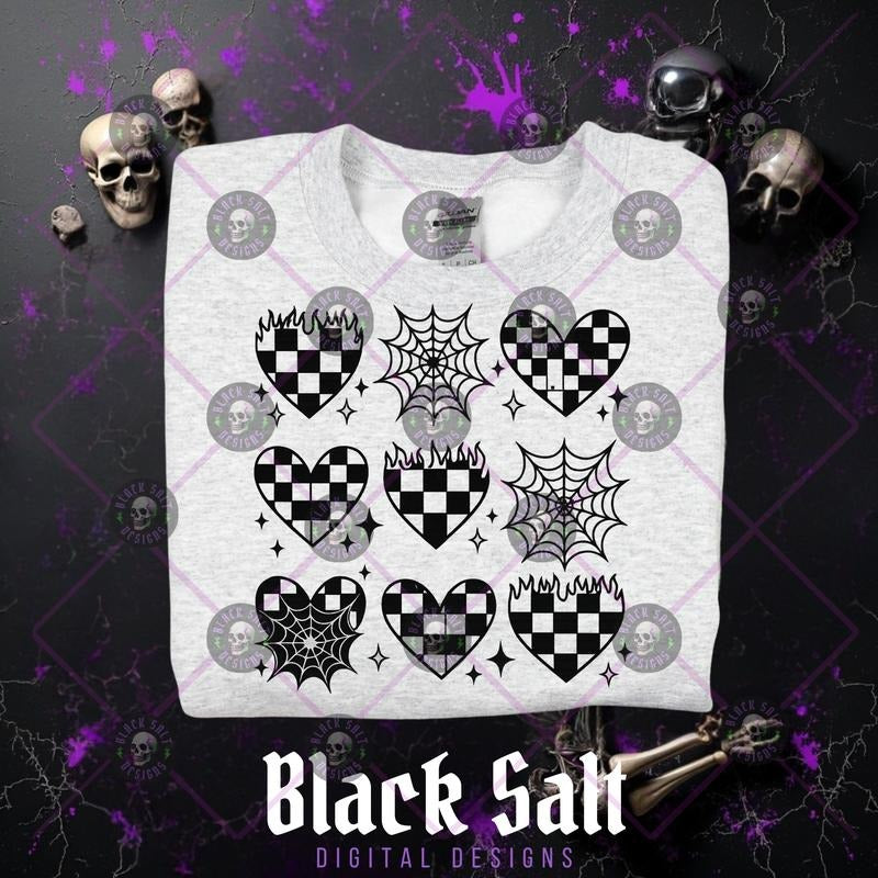 Spider Webs, Checkered Hearts Halloween Grunge Alt Cotton Crewneck Sweatshirt Hoodie Women's Graphic Top Pullover...