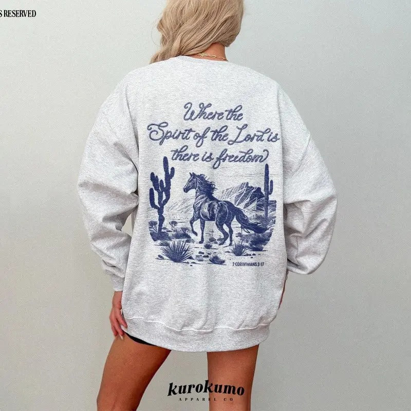 Spirit of the Lord Bible Verse Crewneck Western Horse Sweatshirt Christian Faith Based Clothing Worship Sweatshirt...