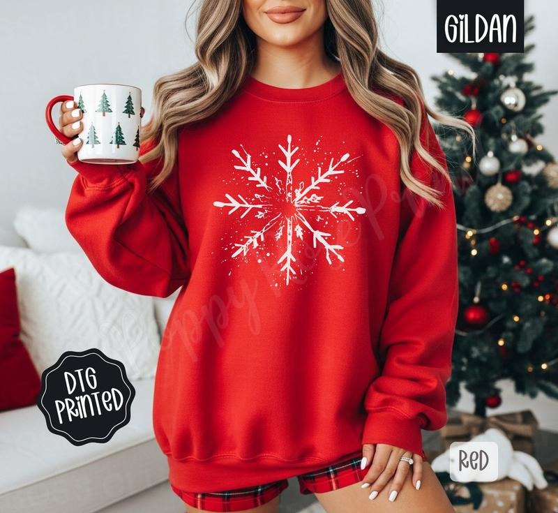 Splatter Snowflake Sweatshirt, Trendy Women's Christmas Crewneck T-Shirts, Hoodie | HypeDripTees.com