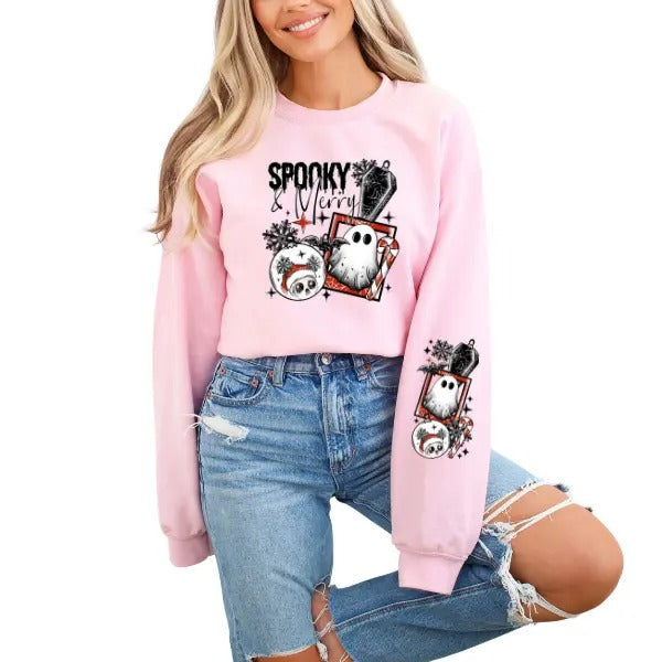 Spooky & Merry Full Sleeve Graphics Snowman Halloween Candy Canes & Snowflakes Dark But Cute Streetwear Edgy HallowChristmas Unique Framed Elements Festive Yet Spooky T-Shirts, Hoodie, Sweatshirt