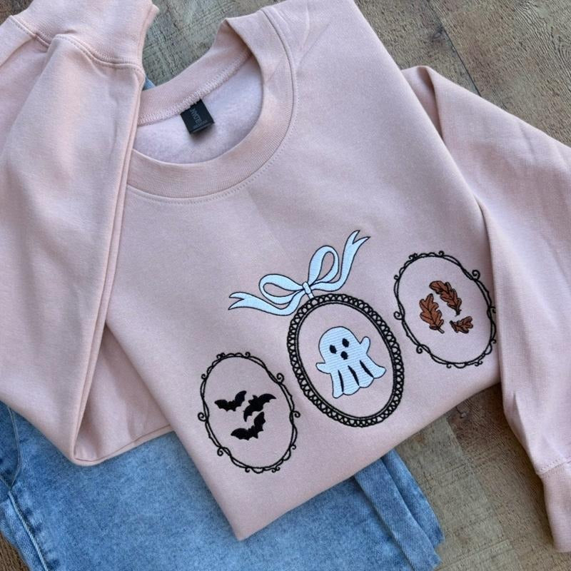 Spooky Ghost Frame Autumn Halloween Crewneck Sweatshirt T-Shirts, Hoodie | HypeDripTees.com
