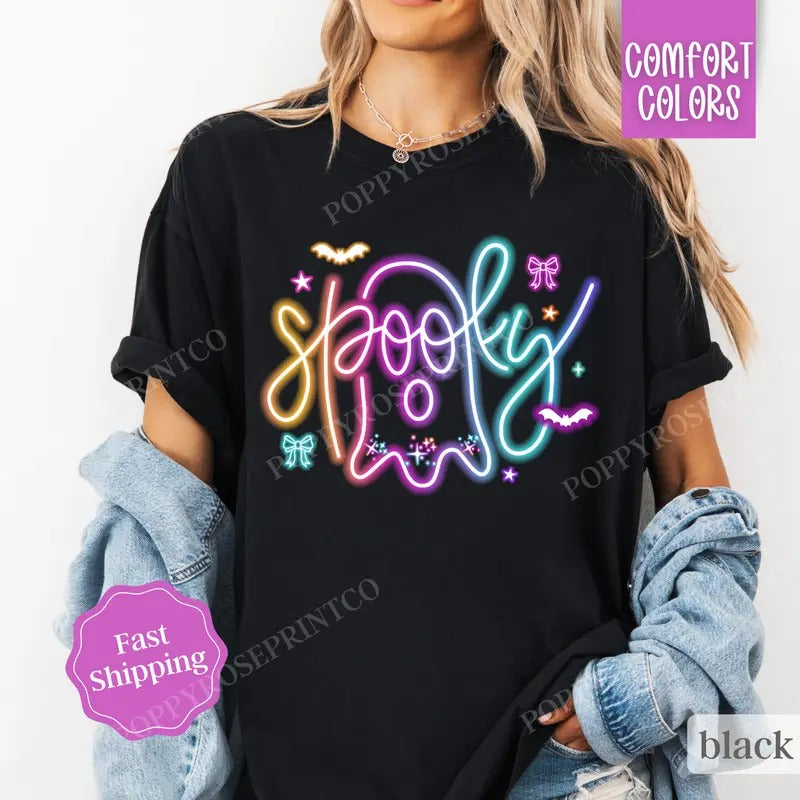 Spooky Ghost Neon Shirt Comfort Colors Halloween Tshirt,  Women's Holiday Tee Hoodie, Sweatshirt | HypeDripTees.com