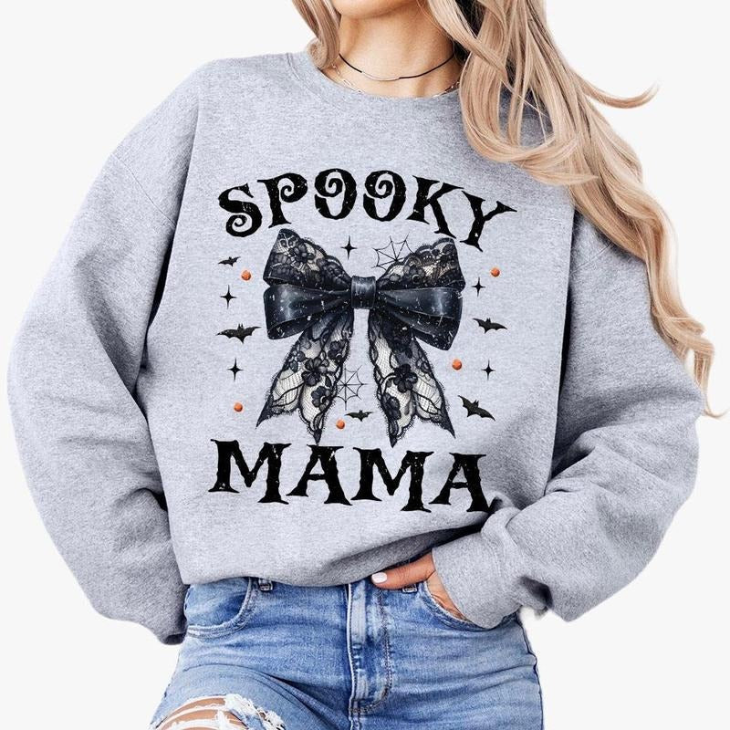 Spooky Mama Halloween Sweatshirt, Halloween Mama Coquette Comfort Shirt, Spooky Vibes T-Shirt, Retro Halloween Shirt,...
