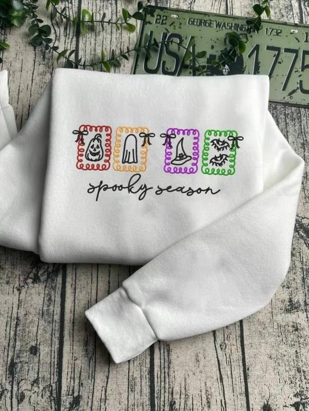 Spooky Season Embroidered Shirt, Embroidered Halloween Shirt, Fall Embroidery Sweatshirt Hoodie | HypeDripTees.com