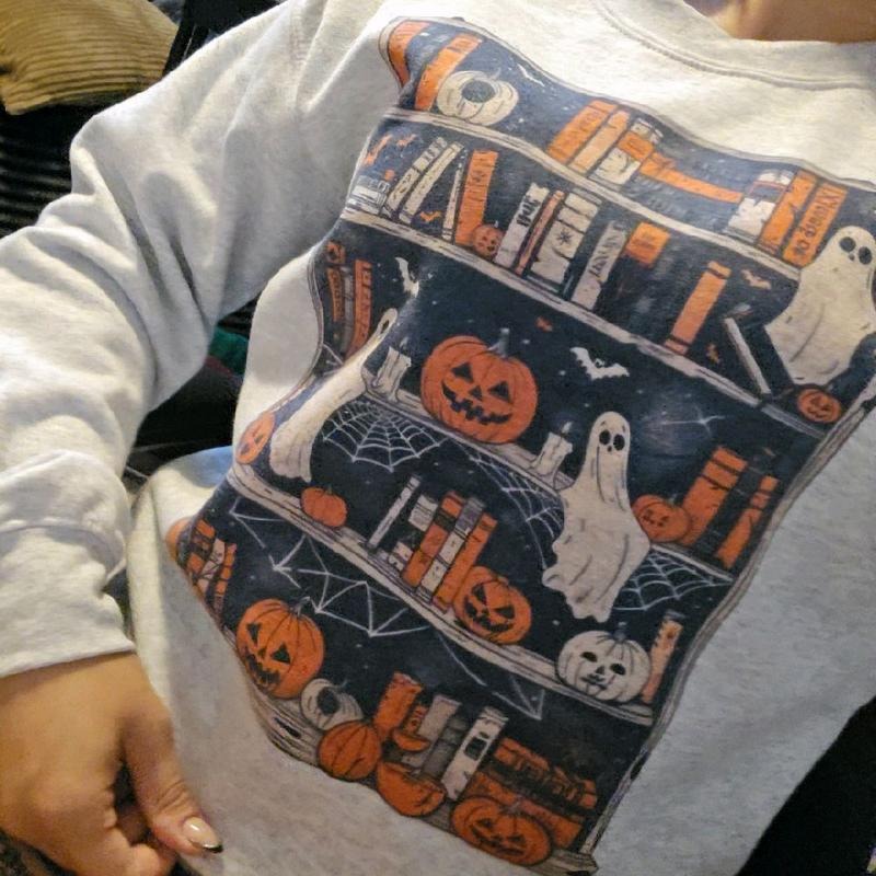 Spooky Season Ghosty Books Design Sweatshirt with Halloween Icons and Ghosts Pattern T-Shirts, Hoodie | HypeDripTees.com