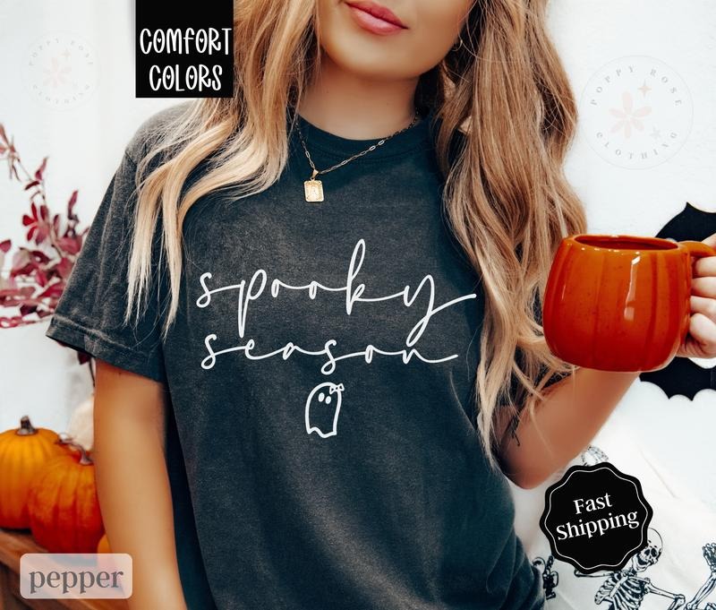 Spooky Season Shirt Comfort Colors, Halloween Tshirt for Women,  October Vibes Shirt Oversized Crewneck Tee Hoodie,...