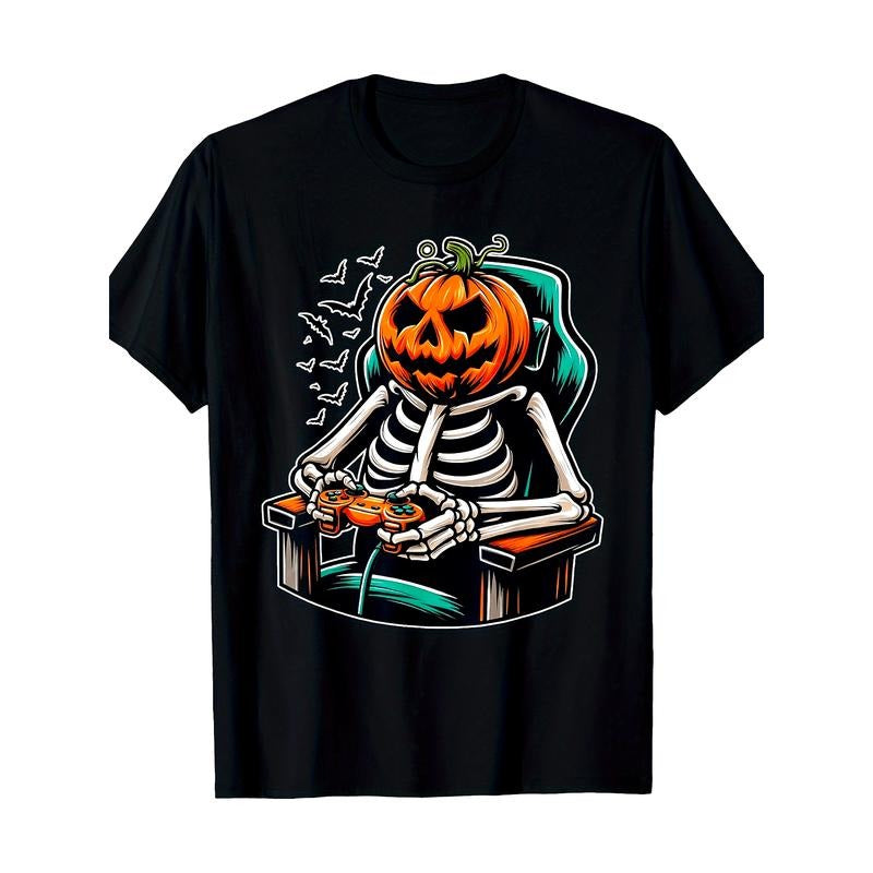 Spooky Skeleton Pumpkin Playing Video Games Halloween Gamer T-Shirt, Men's T-shirt,  made in usa Hoodie, Sweatshirt