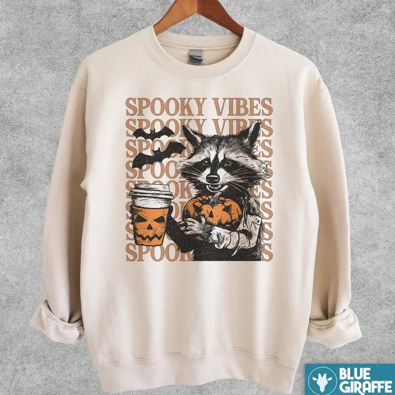 Spooky Vibes Sweatshirt, Raccoon Crewneck Sweatshirt T-Shirts, Hoodie | HypeDripTees.com