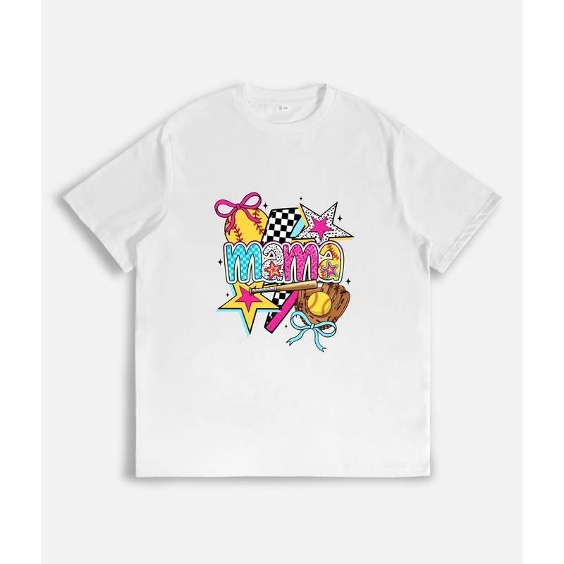 Sporty - Inspired T - Shirt: "mama" in Colorful Lettering Surrounded by Baseball