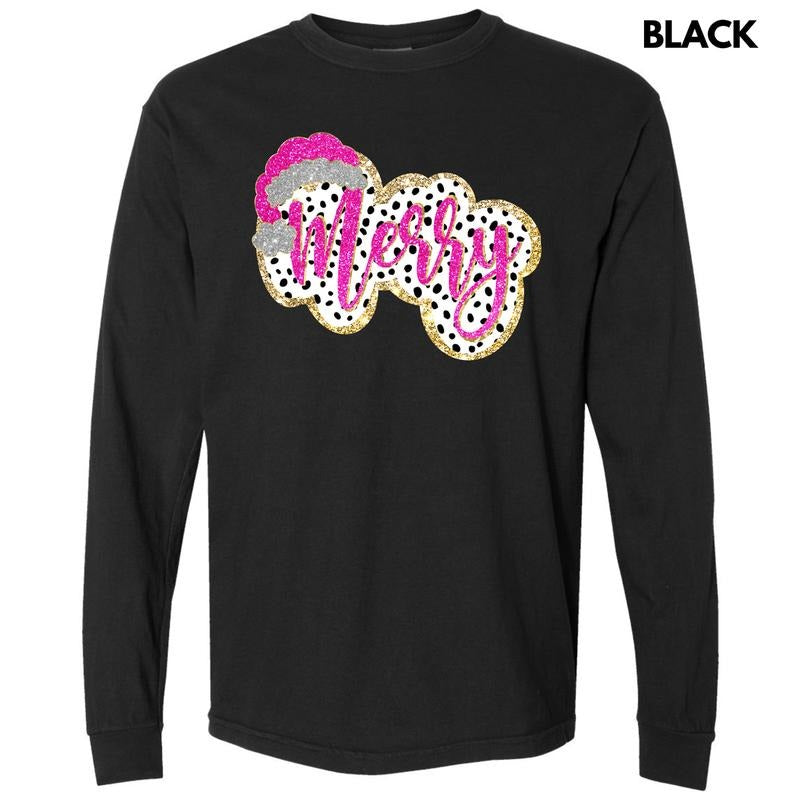 Spotted Faux Glitter MERRY Long Sleeve Comfort Colors T-Shirt 'NLB' Hoodie, Sweatshirt | HypeDripTees.com