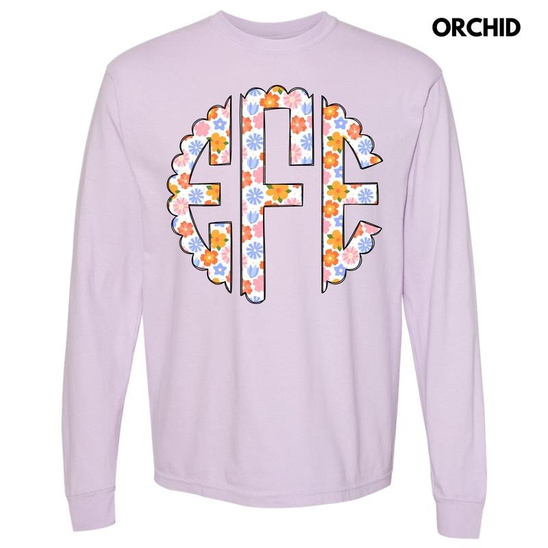Spring Flowers Monogram Long Sleeve Comfort Colors T-Shirt 'NLB' Hoodie, Sweatshirt | HypeDripTees.com
