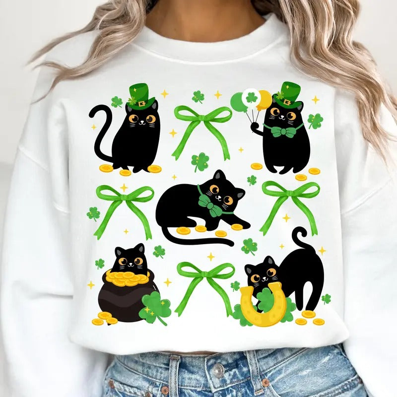 St. Patrick’s Day Black Cat Sweatshirt, Lucky Cats Shirt, Festive Irish Cat Shirt, Cats Shamrocks Sweatshirt Hoodie