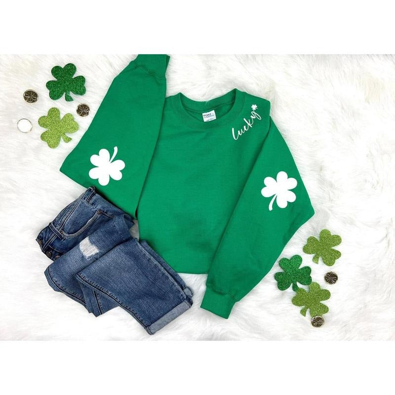 St. Patricks Day Sweatshirt for Women, Lucky Crewneck, Shamrock Elbow Sweatshirt, Armpatch Shamrock Sweatshirt, Irish...