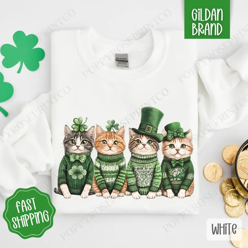 St Patrick Cats Sweatshirt, St Patrick's Day Crewneck, Cute Women's Sweater T-Shirts, Hoodie | HypeDripTees.com